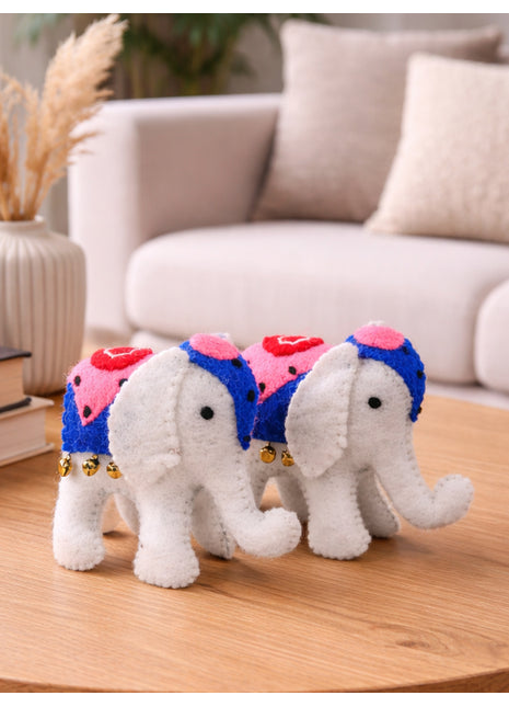 Handcrafted Wool Felt Elephant Décor – Cute Mini Animal Figurine with Colorful Embroidery (Set Of Two)