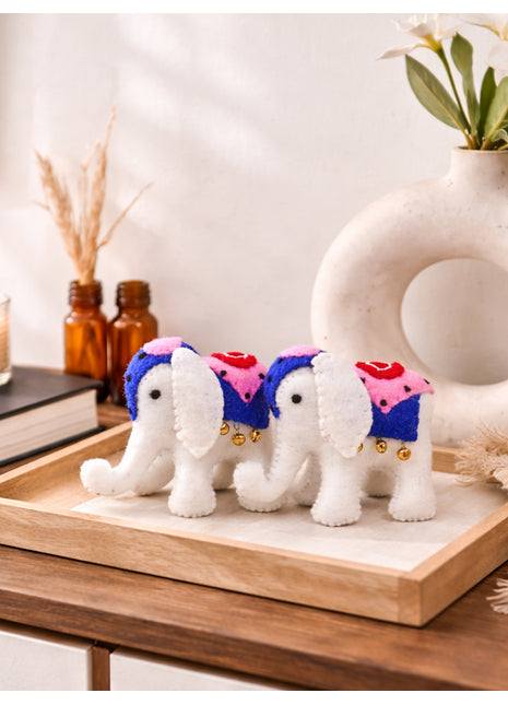 Handcrafted Wool Felt Elephant Décor – Cute Mini Animal Figurine with Colorful Embroidery (Set Of Two)