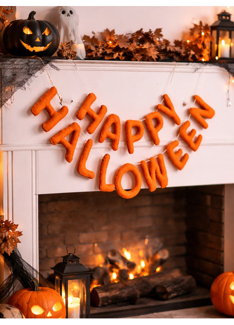 Hand-Stitched "Happy Halloween" Plush Wool Felt Banner
