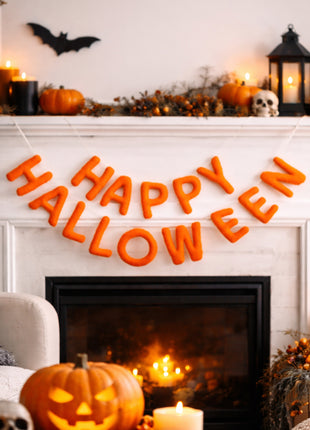 Hand-Stitched "Happy Halloween" Plush Wool Felt Banner