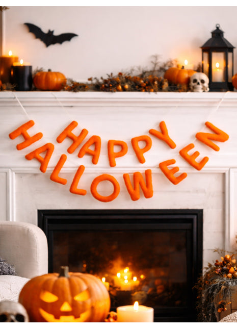 Hand-Stitched "Happy Halloween" Plush Wool Felt Banner