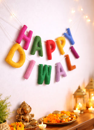 Vibrant Multicolor "Happy Diwali" Handcrafted Wool Felt Banner