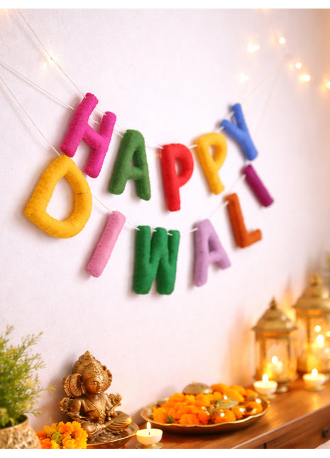 Vibrant Multicolor "Happy Diwali" Handcrafted Wool Felt Banner