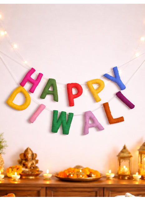 Vibrant Multicolor "Happy Diwali" Handcrafted Wool Felt Banner