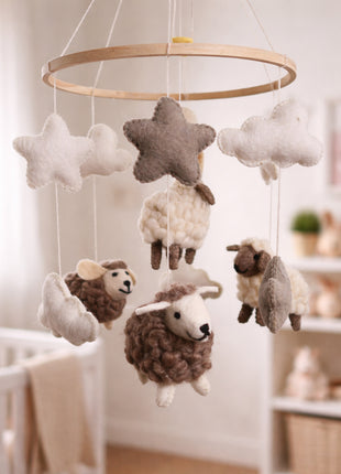 Handcrafted Wool Felt Hanging Baby Mobile – Sheep & Cloud Nursery Decor