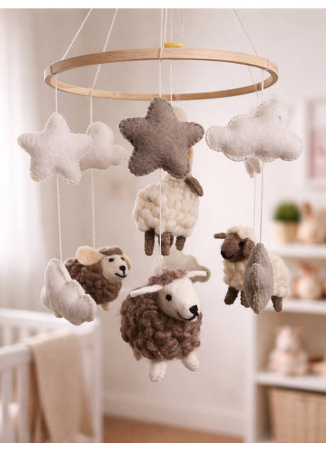 Handcrafted Wool Felt Hanging Baby Mobile – Sheep & Cloud Nursery Decor