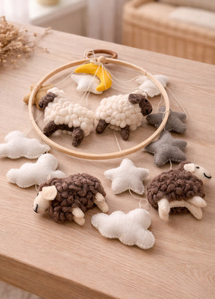 Handcrafted Wool Felt Hanging Baby Mobile – Sheep & Cloud Nursery Decor