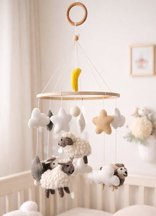 Handcrafted Wool Felt Hanging Baby Mobile – Sheep & Cloud Nursery Decor