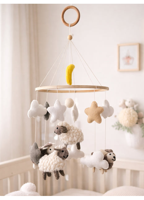 Handcrafted Wool Felt Hanging Baby Mobile – Sheep & Cloud Nursery Decor