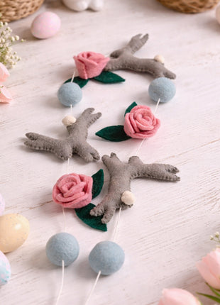 Whimsical Easter Bunny and Rose Wool Felt Garland