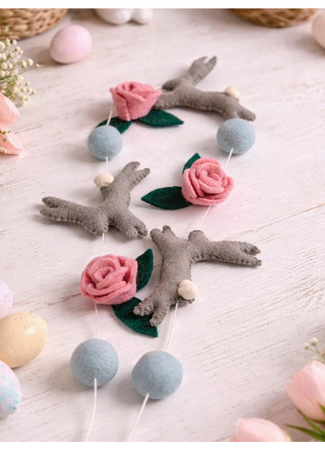 Whimsical Easter Bunny and Rose Wool Felt Garland