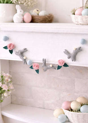 Whimsical Easter Bunny and Rose Wool Felt Garland
