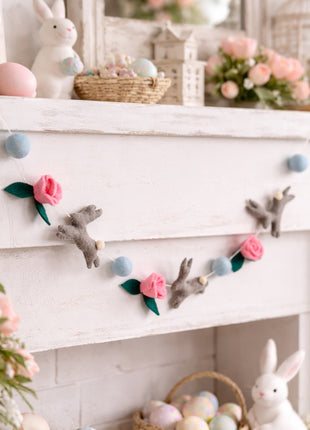 Whimsical Easter Bunny and Rose Wool Felt Garland