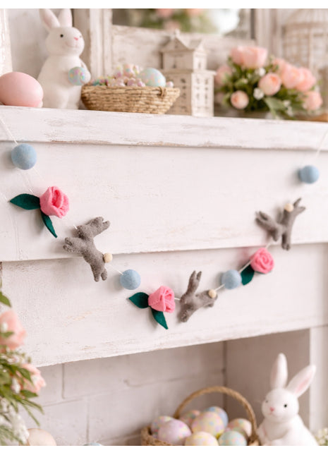 Whimsical Easter Bunny and Rose Wool Felt Garland