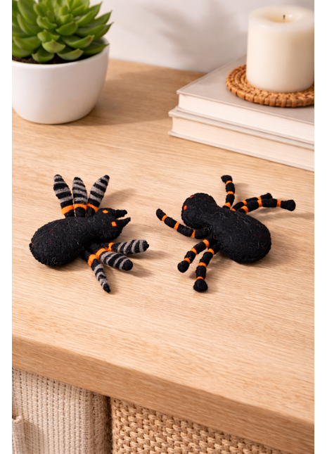 Handcrafted Halloween Plush Wool Felt Spiders (Set Of Two)