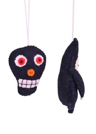 Handmade Wool Felt Halloween Hanging Ornaments – Spooky Skull & Witch Décor (Pack of Two)