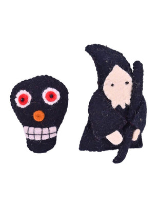 Handmade Wool Felt Halloween Hanging Ornaments – Spooky Skull & Witch Décor (Pack of Two)