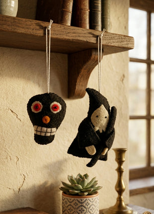 Handmade Wool Felt Halloween Hanging Ornaments – Spooky Skull & Witch Décor (Pack of Two)
