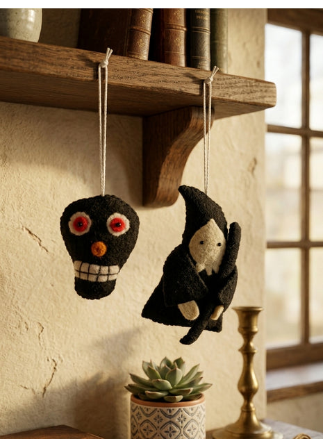 Handmade Wool Felt Halloween Hanging Ornaments – Spooky Skull & Witch Décor (Pack of Two)