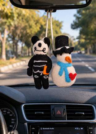Handmade Wool Felt Car, Home Hanging Ornaments – Panda & Snowman Décor (Pack of Two)