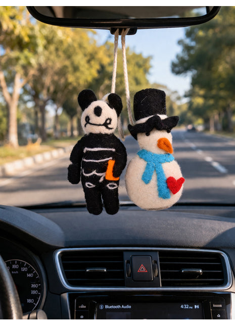 Handmade Wool Felt Car, Home Hanging Ornaments – Panda & Snowman Décor (Pack of Two)
