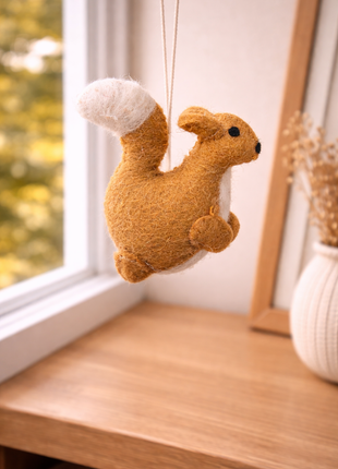 Handcrafted Golden-Ochre Wool Felt Squirrel Hanging Ornament