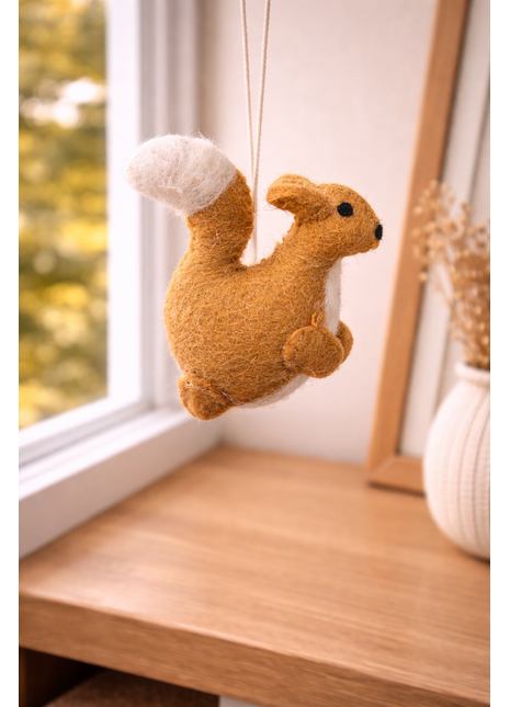 Handcrafted Golden-Ochre Wool Felt Squirrel Hanging Ornament