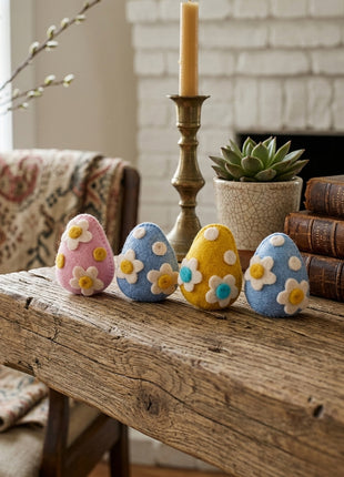 Hand-Felted Floral Easter Egg Decor – Set of 4 Pastel Spring Ornaments