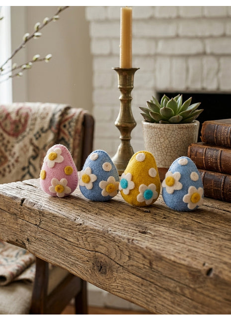 Hand-Felted Floral Easter Egg Decor – Set of 4 Pastel Spring Ornaments