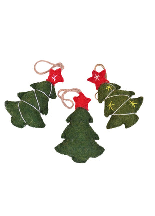 Handcrafted Evergreen Wool Felt Christmas Tree Hanging Ornaments – Set of 3