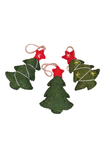 Handcrafted Evergreen Wool Felt Christmas Tree Hanging Ornaments – Set of 3