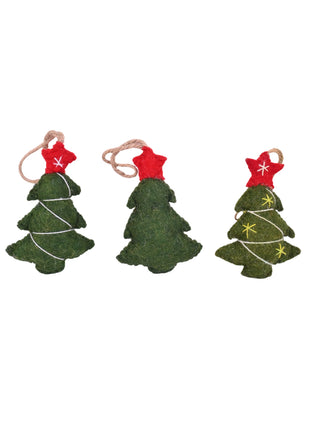 Handcrafted Evergreen Wool Felt Christmas Tree Hanging Ornaments – Set of 3