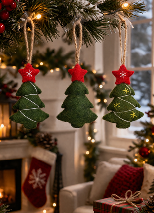 Handcrafted Evergreen Wool Felt Christmas Tree Hanging Ornaments – Set of 3