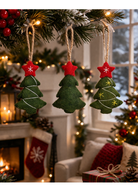 Handcrafted Evergreen Wool Felt Christmas Tree Hanging Ornaments – Set of 3
