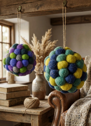 Handcrafted Vibrant Wool Felt Pom-Pom Sphere Ornaments – Set of 2