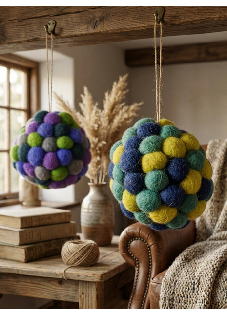 Handcrafted Vibrant Wool Felt Pom-Pom Sphere Ornaments – Set of 2