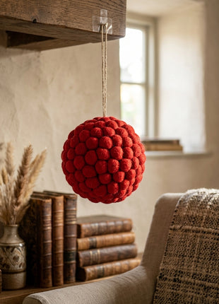 Handcrafted Festive Crimson Wool Felt Pom-Pom Sphere Ornament