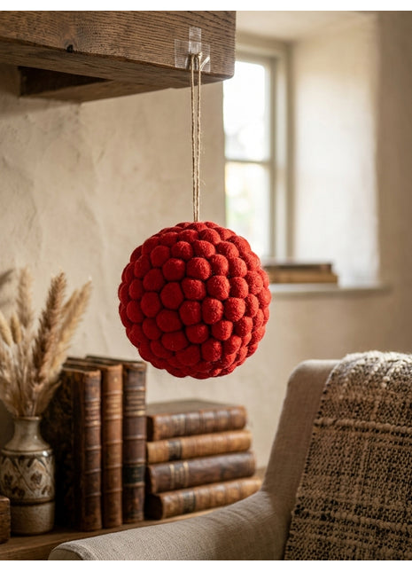 Handcrafted Festive Crimson Wool Felt Pom-Pom Sphere Ornament