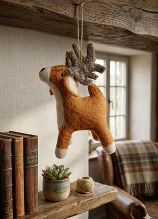 Handcrafted Rustic Wool Felt Reindeer Hanging Ornament