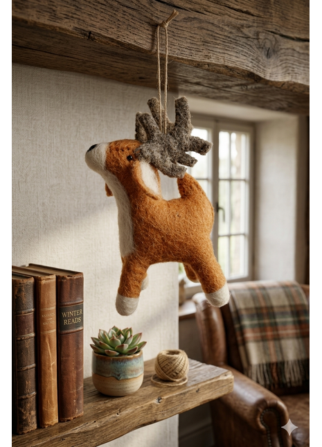 Handcrafted Rustic Wool Felt Reindeer Hanging Ornament
