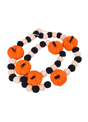 Handcrafted Spooky Harvest Wool Felt Pumpkin & Pom-Pom Garland