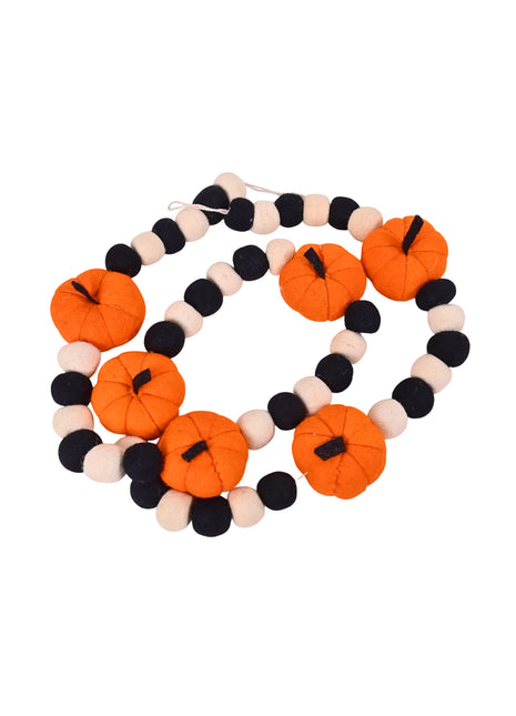 Handcrafted Spooky Harvest Wool Felt Pumpkin & Pom-Pom Garland