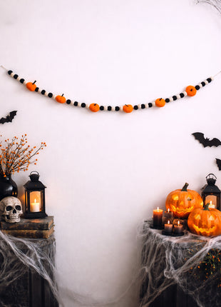 Handcrafted Spooky Harvest Wool Felt Pumpkin & Pom-Pom Garland