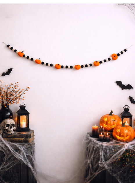 Handcrafted Spooky Harvest Wool Felt Pumpkin & Pom-Pom Garland
