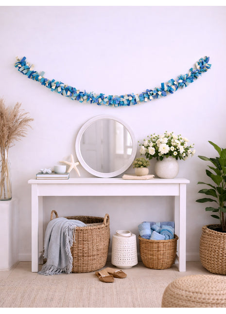 Handmade Wool Felt Garland – Blue & White Decorative Hanging Wall Garland
