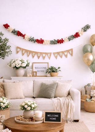 Handmade Wool Felt Garland – Red, Grey & Beige Decorative Hanging Garland