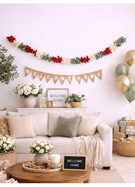 Handmade Wool Felt Garland – Red, Grey & Beige Decorative Hanging Garland