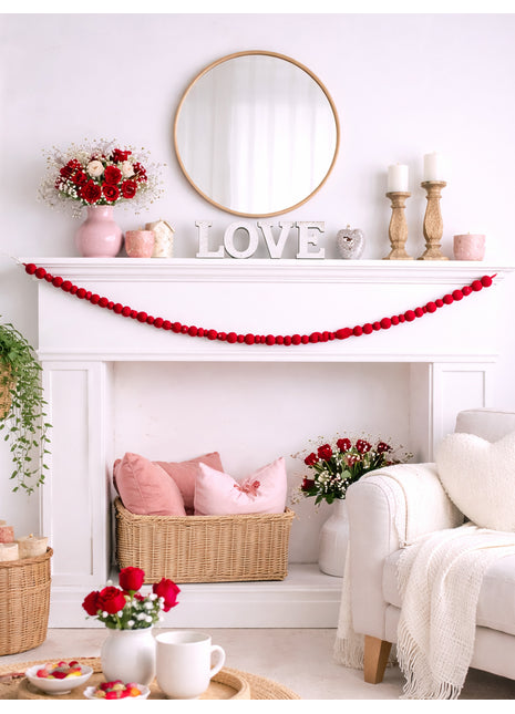 Handcrafted Romantic Crimson Wool Felt Pom-Pom Garland