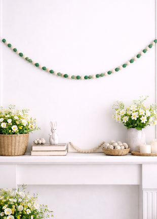 Handcrafted Evergreen & Cream Wool Felt Pom-Pom Garland