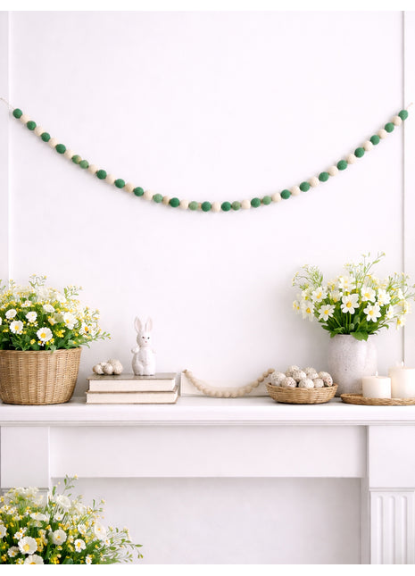 Handcrafted Evergreen & Cream Wool Felt Pom-Pom Garland